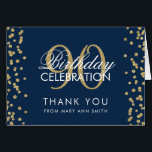 Gold Navy Blue 90th Birthday Thank you Glitter<br><div class="desc">Elegant 90th Birthday Party Gold Faux Glitter Confetti Navy Blue template. Easy to use and easy to personalise. Order Today!</div>