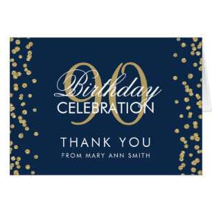 Gold Navy Blue 90th Birthday Thank you Glitter