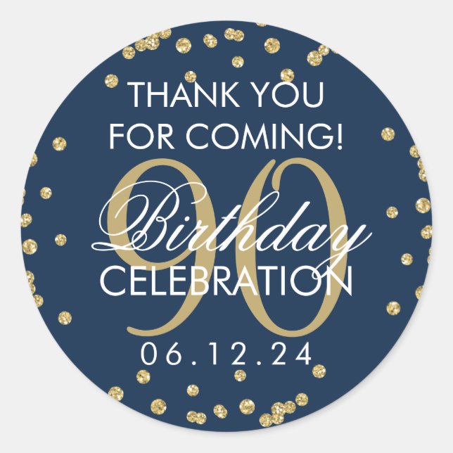 Gold Navy Blue 90th Birthday Thank You Glitter Classic Round Sticker (Front)