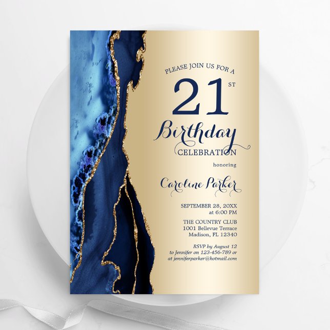 Gold Navy Blue Agate 21st  Birthday Invitation (Creator Uploaded)