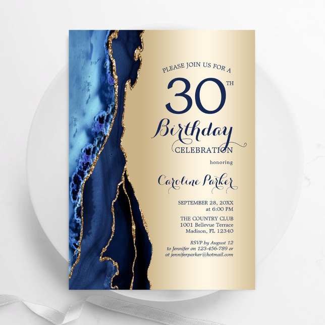 Gold Navy Blue Agate 30th Birthday Invitation (Creator Uploaded)
