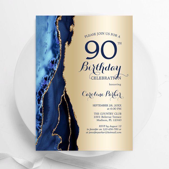 Gold Navy Blue Agate 90th Birthday Invitation (Creator Uploaded)