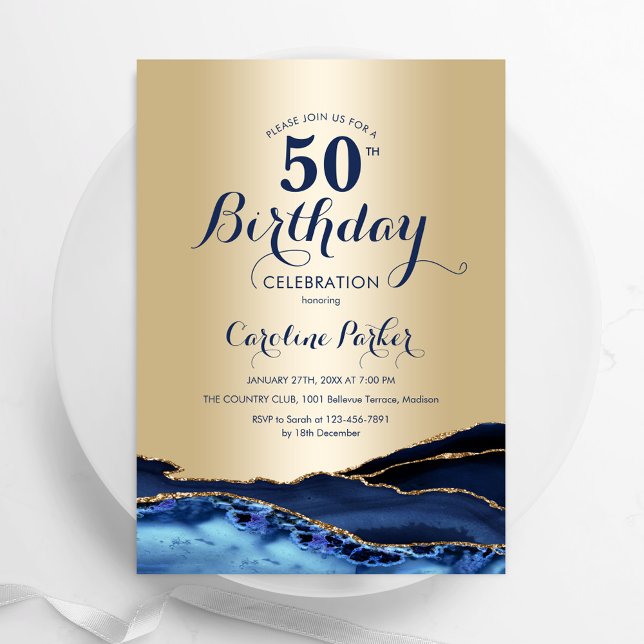 Gold Navy Blue Agate Marble 50th Birthday Invitation (Creator Uploaded)