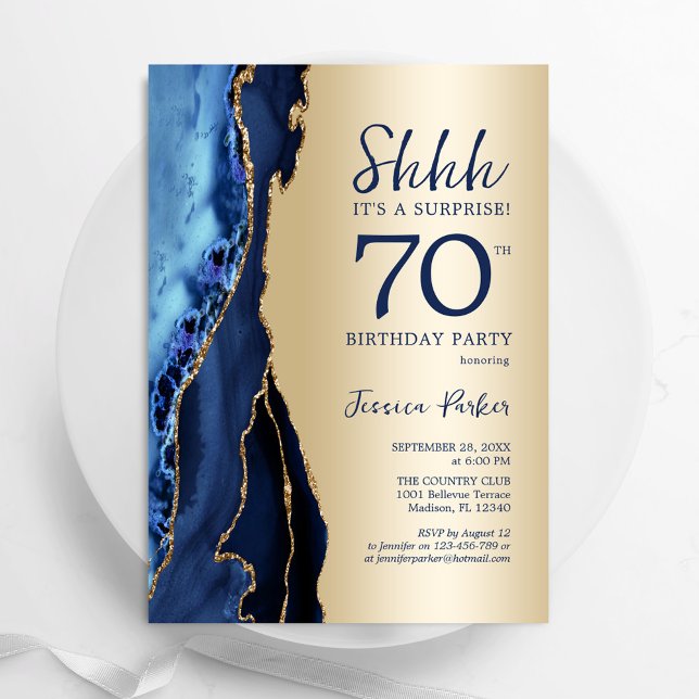 Gold Navy Blue Agate Surprise 70th Birthday Invitation (Creator Uploaded)