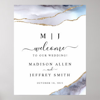 Gold & Navy Blue Agate Wedding Welcome Sign