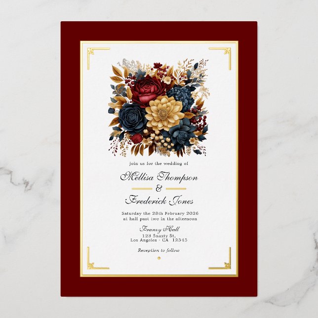 Gold, Navy Blue, and Burgundy Floral Wedding (Front)