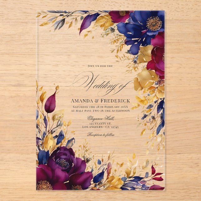 Gold, Navy Blue, and Burgundy Floral Wedding Acrylic Invitations (Front)