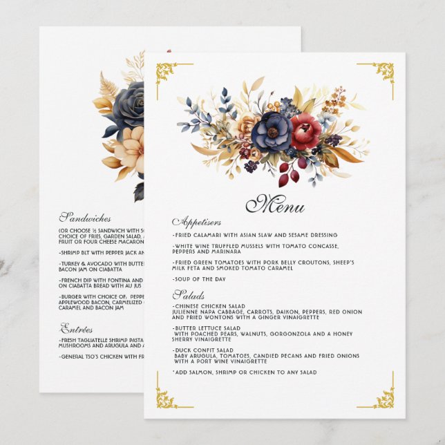 Gold, Navy Blue, and Burgundy Floral Wedding Menu (Front/Back)