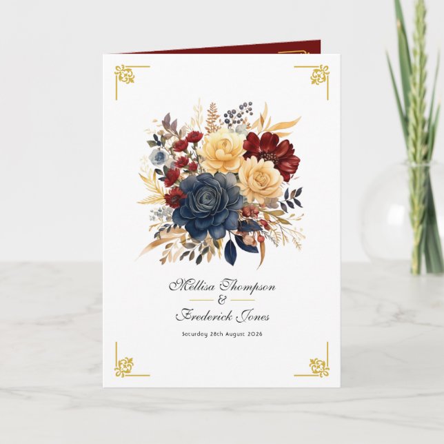 Gold, Navy Blue, and Burgundy Floral Wedding Programme (Front)
