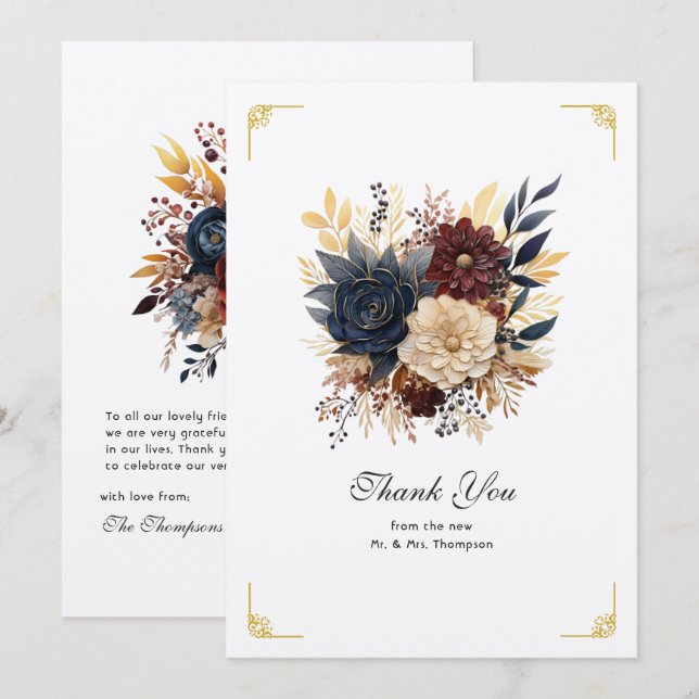 Gold, Navy Blue, and Burgundy Floral Wedding Thank You Card (Front/Back)
