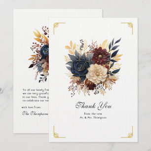 Gold, Navy Blue, and Burgundy Floral Wedding Thank You Card