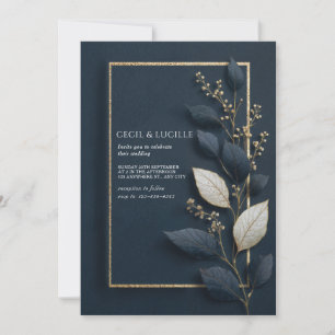 Gold Navy Blue Botanical Leaf Winter Wedding Invitation