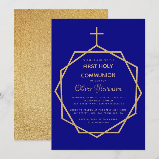 Gold Navy Blue Boy First Holy Communion Geometric Invitation (Front/Back)