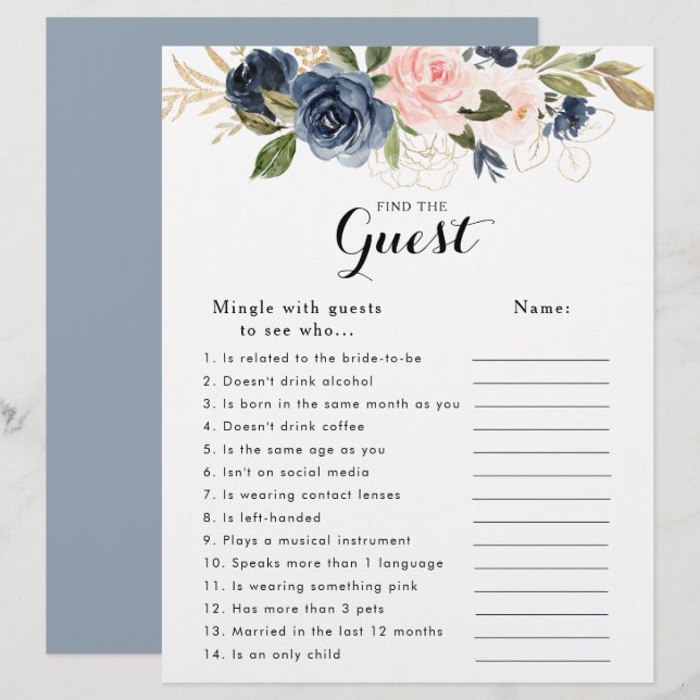 Gold Navy Blue Bridal Shower Find the Guest Game (Front/Back)