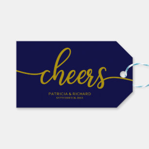 Gold Navy Blue Calligraphy Cheers Wine Bottle Tags