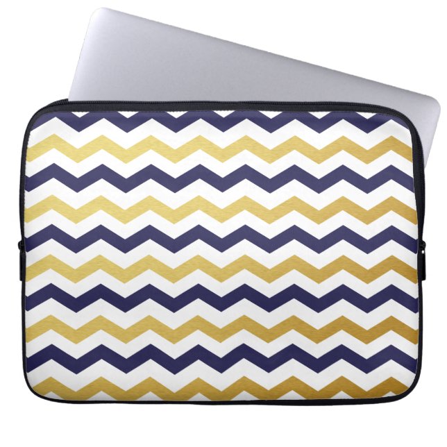 Gold & Navy Blue Chevron Pattern Laptop Sleeve (Front)