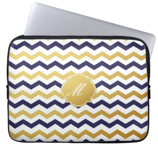Gold & Navy Blue Chevron Pattern Laptop Sleeve