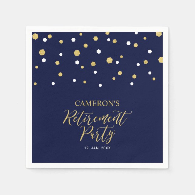 Gold & Navy Blue Chic Confetti Retirement Party Napkin (Front)