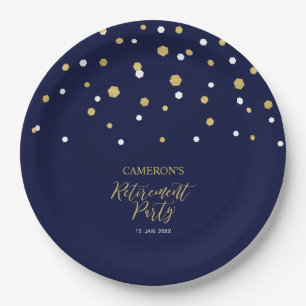 Gold & Navy Blue Chic Confetti Retirement Party Paper Plate