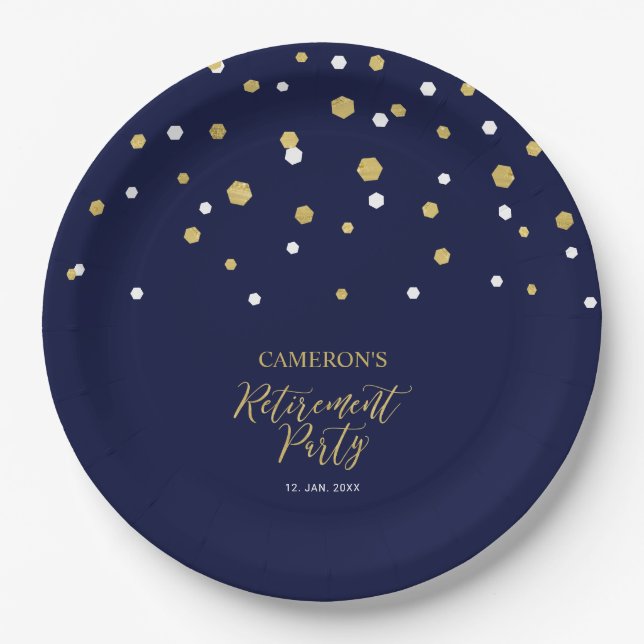 Gold & Navy Blue Chic Confetti Retirement Party Paper Plate (Front)