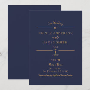 Gold Navy Blue Chic Minimal Clean Classic Wedding Invitation