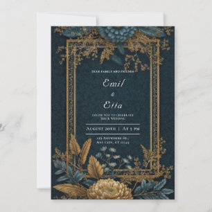 Gold Navy Blue Chrysanthemum Art Deco Wedding Invitation