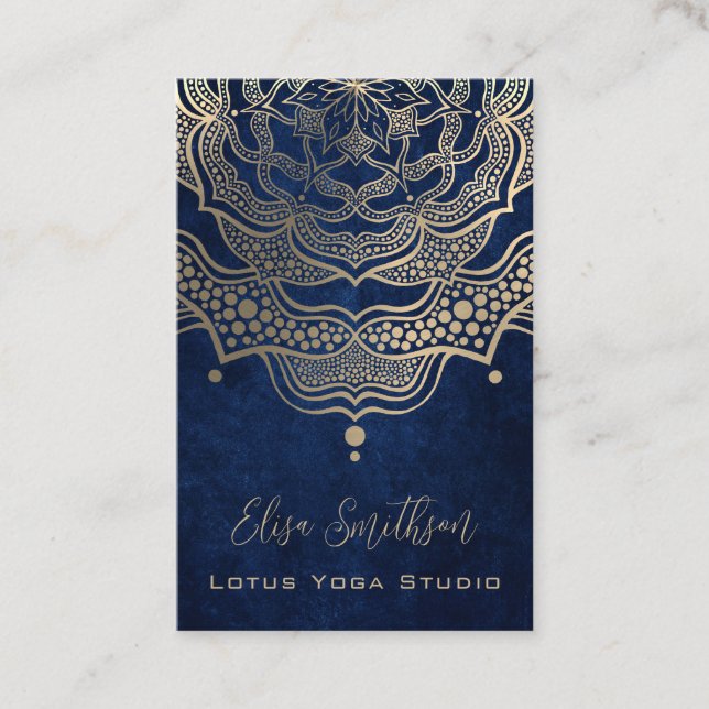 Gold & Navy Blue Classy Elegant Yoga Reiki Mandala Business Card (Front)