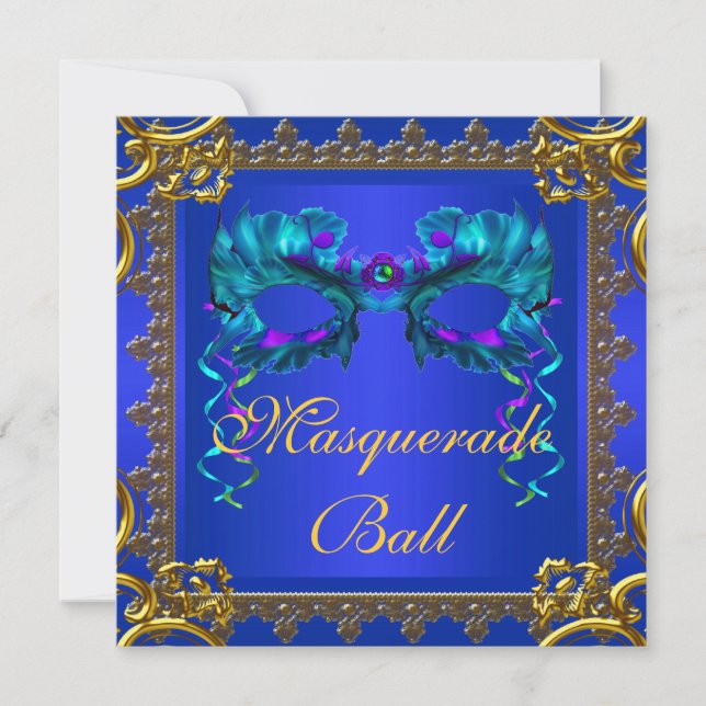 Gold Navy Blue Cobalt Blue Mask Masquerade Ball Invitation (Front)