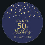 Gold Navy Blue Confetti 50th Birthday Party Favour Classic Round Sticker<br><div class="desc">This simple gold & navy blue sticker will add stylish detail to your special day. This design features modern gold script "50th Birthday",  hexagon confetti with custom text. Matching birthday invitations and party supplies are available in my shop BaraBomDesign.</div>