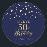 Gold Navy Blue Confetti 50th Birthday Party Favour Classic Round Sticker<br><div class="desc">This simple gold & navy blue sticker will add stylish detail to your special day. This design features modern gold script "50th Birthday",  hexagon confetti with custom text. Matching birthday invitations and party supplies are available in my shop BaraBomDesign.</div>