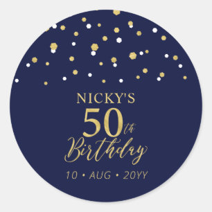 Gold Navy Blue Confetti 50th Birthday Party Favour Classic Round Sticker