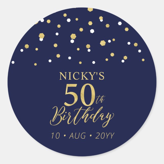 Gold Navy Blue Confetti 50th Birthday Party Favour Classic Round Sticker (Front)