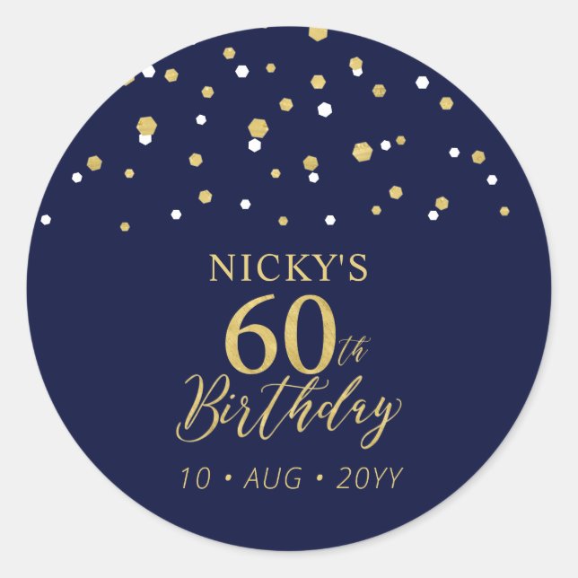 Gold Navy Blue Confetti 60th Birthday Party Favour Classic Round Sticker (Front)