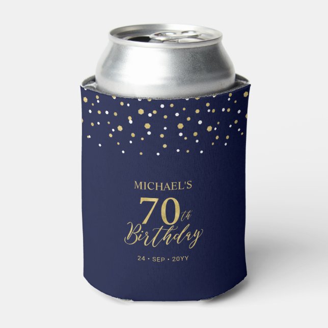 Gold Navy Blue Confetti 70th Birthday Party Favour Can Cooler (Can Front)