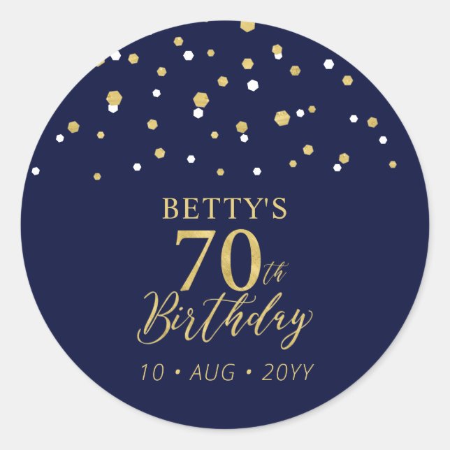 Gold Navy Blue Confetti 70th Birthday Party Favour Classic Round Sticker (Front)