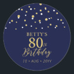 Gold Navy Blue Confetti 80th Birthday Party Favour Classic Round Sticker<br><div class="desc">This simple gold & navy blue sticker will add stylish detail to your special day. This design features modern gold script "80th Birthday",  hexagon confetti with custom text. Matching birthday invitations and party supplies are available in my shop BaraBomDesign.</div>