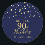 Gold Navy Blue Confetti 90th Birthday Party Favour Classic Round Sticker<br><div class="desc">This simple gold & navy blue sticker will add stylish detail to your special day. This design features modern gold script "90th Birthday",  hexagon confetti with custom text. Matching birthday invitations and party supplies are available in my shop BaraBomDesign.</div>