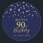 Gold Navy Blue Confetti 90th Birthday Party Favour Classic Round Sticker<br><div class="desc">This simple gold & navy blue sticker will add stylish detail to your special day. This design features modern gold script "90th Birthday",  hexagon confetti with custom text. Matching birthday invitations and party supplies are available in my shop BaraBomDesign.</div>