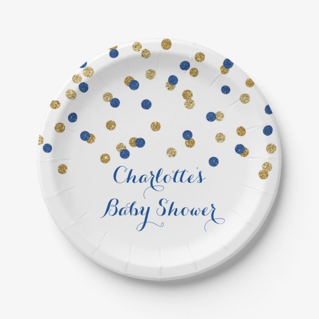 Gold Navy Blue Confetti Baby Shower Plate (Front)