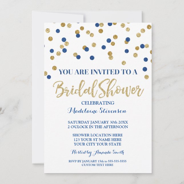 Gold Navy Blue Confetti Bridal Shower Invitation (Back)