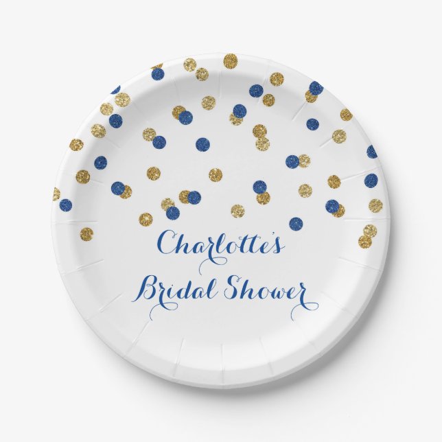 Gold Navy Blue Confetti Bridal Shower Plate (Front)