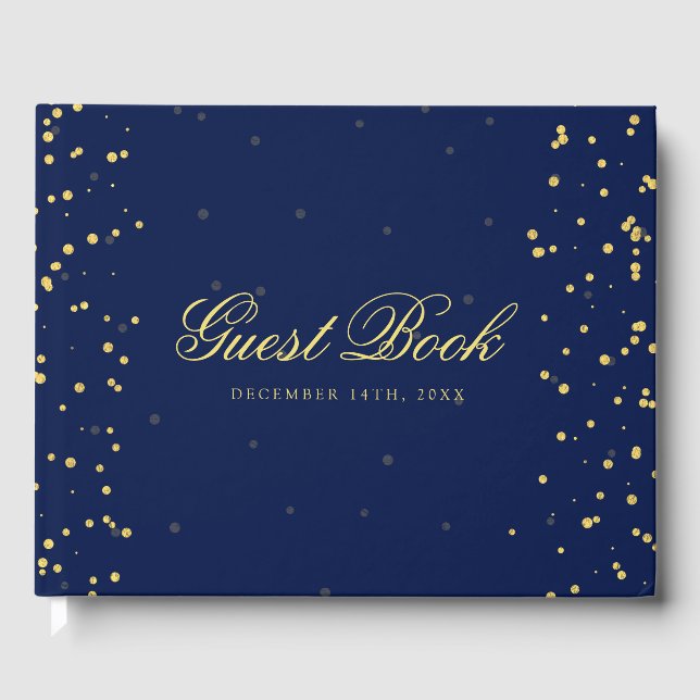 Gold Navy Blue Confetti Dots Guest Book (Front)