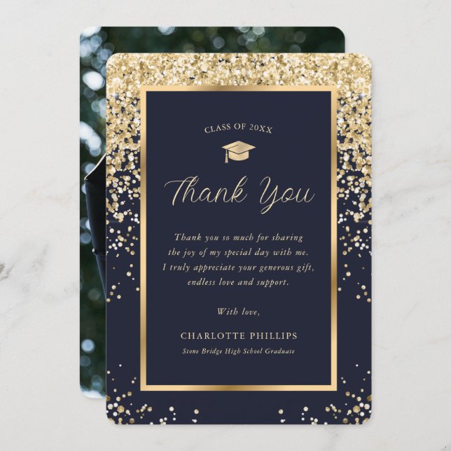 Gold Navy Blue Confetti Grad Cap Photo Graduation Thank You Card (Front/Back)