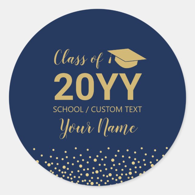 Gold & Navy Blue | Confetti Graduation Party Favou Classic Round Sticker (Front)