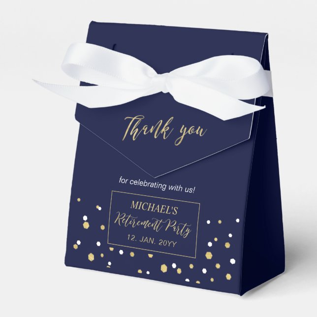 Gold & Navy Blue Confetti Modern Retirement Party Favour Box (Front Side)