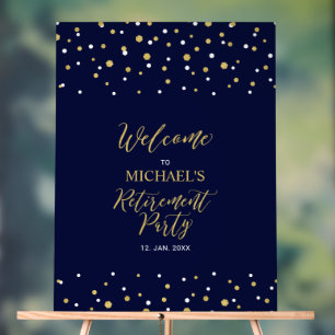 Gold & Navy Blue Confetti Retirement Party Welcome Acrylic Sign