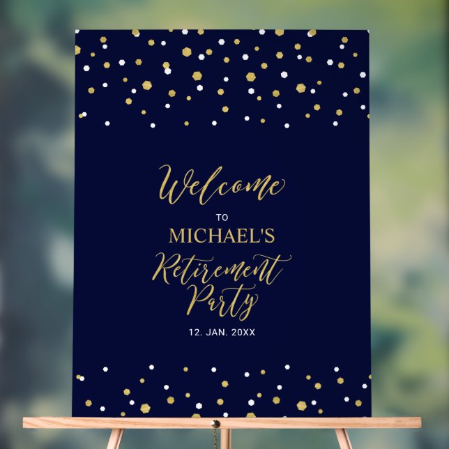 Gold & Navy Blue Confetti Retirement Party Welcome Acrylic Sign (Neutral)