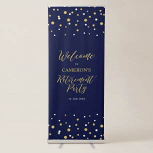 Gold & Navy Blue Confetti Retirement Party Welcome Retractable Banner