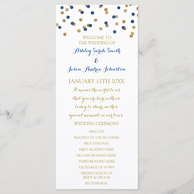 Gold Navy Blue Confetti Wedding Program Programme (Front)