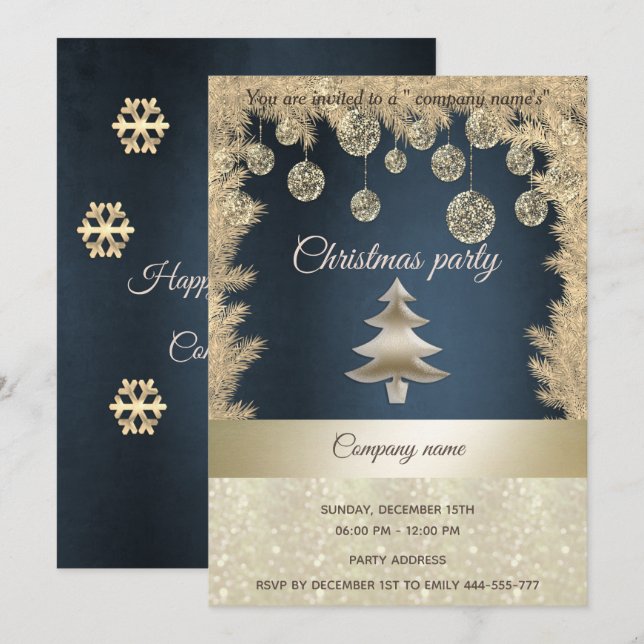 Gold navy blue corporate Christmas party Invitation (Front/Back)